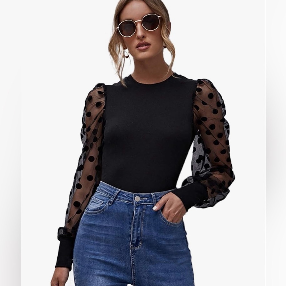 SOLY HUX Women's Sheer Mesh Polka Dots Long Sleeve Slim Fit Top Blouse